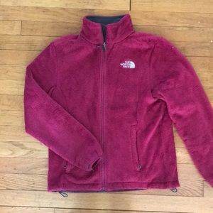pink fuzzy north face jacket